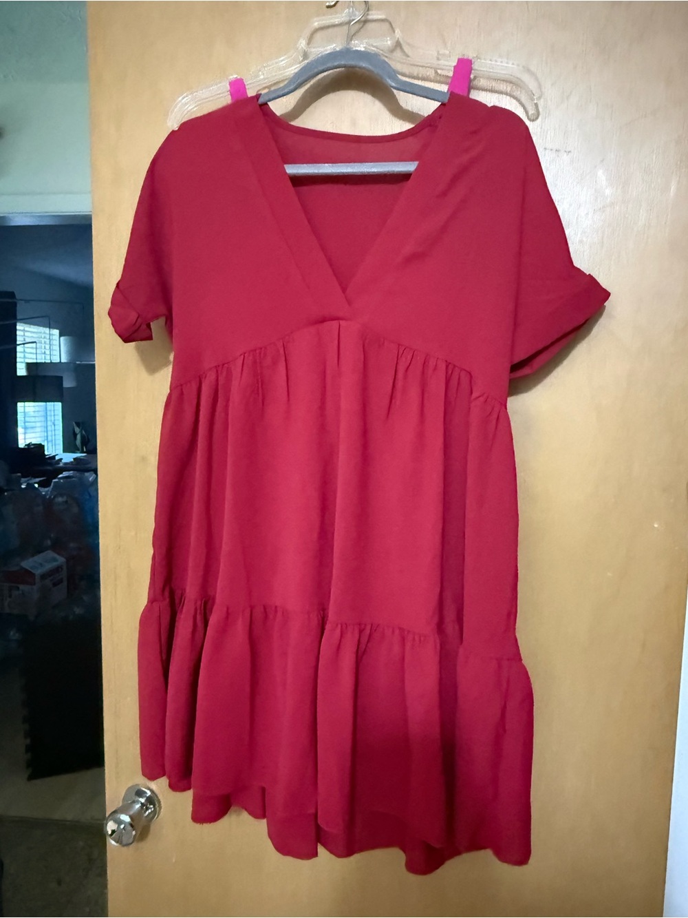 SHEIN Burgundy Red V-Neck Tiered Babydoll Dress